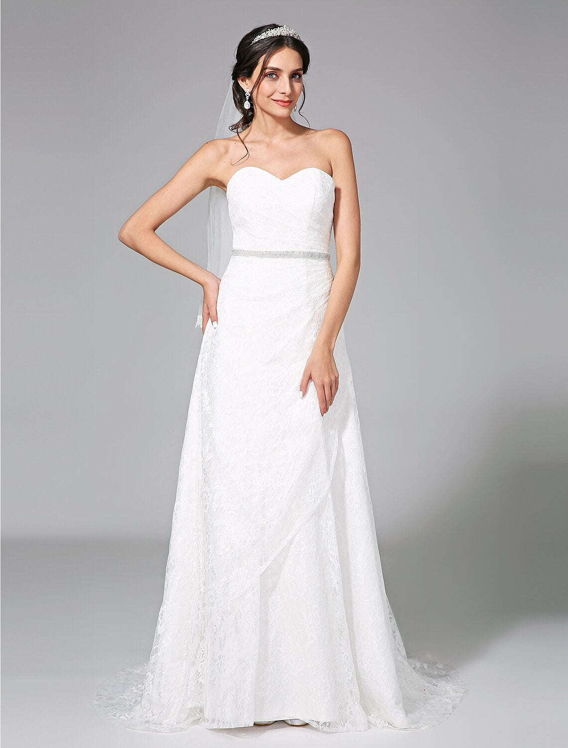 Luolandi Wedding Dresses A-Line Sweetheart Sleeveless Sweep / Brush Train Lace Bridal Gowns With Sash Side-Draped